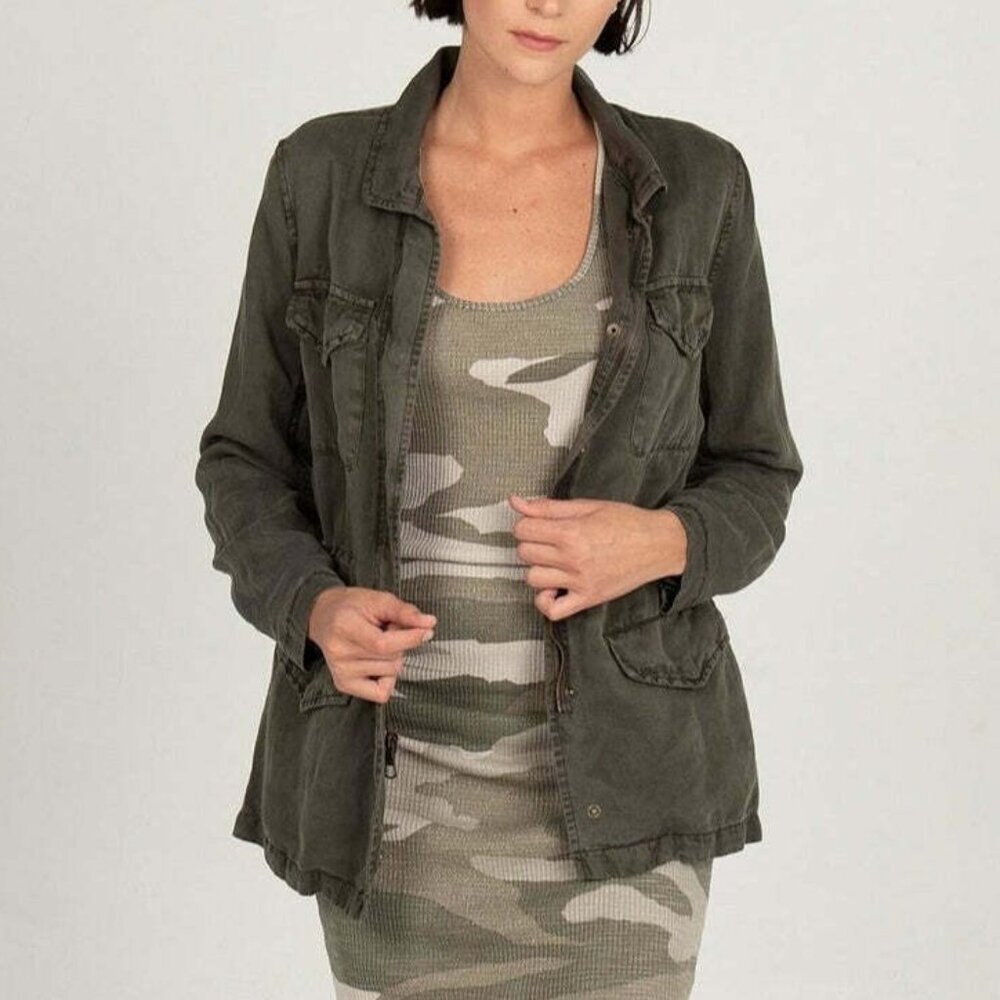 Monrow Linen Utility Jacket Military Safari Green Drawstring Waist M